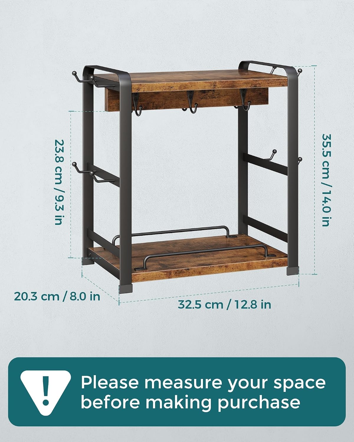 Two-Tier Countertop Mug Rack with 14 Hooks and Storage Shelves