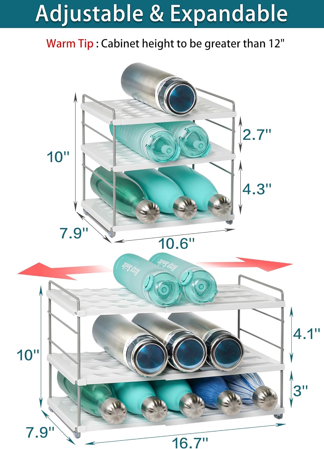 White Adjustable Three-Tier Bottle Organizer Rack