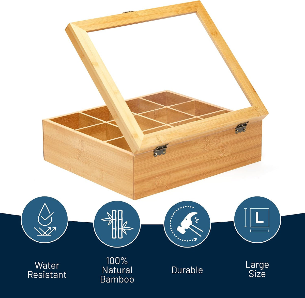 Bamboo Tea Storage Box with Clear Lid, 12 Compartments