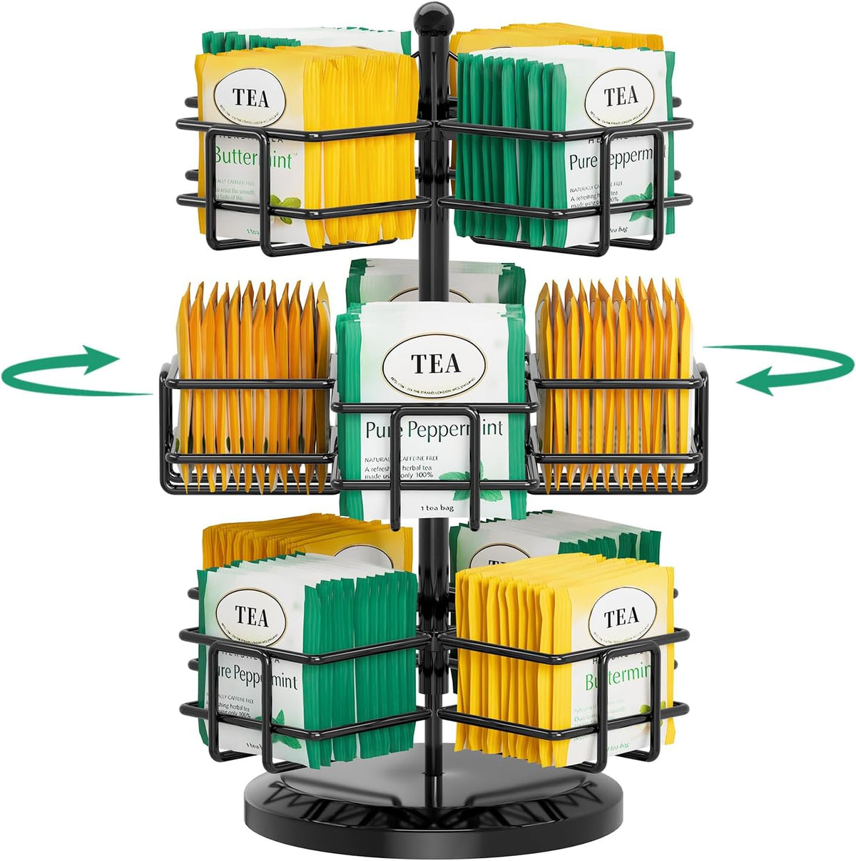 Black Rotating Three-Tier Tea Packet Organizer