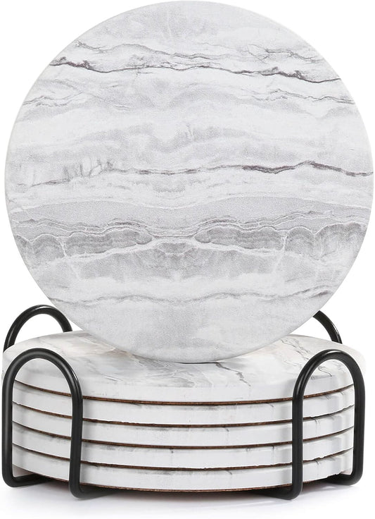 Grey Marble Ceramic Drink Coasters with Holder, Set of 6