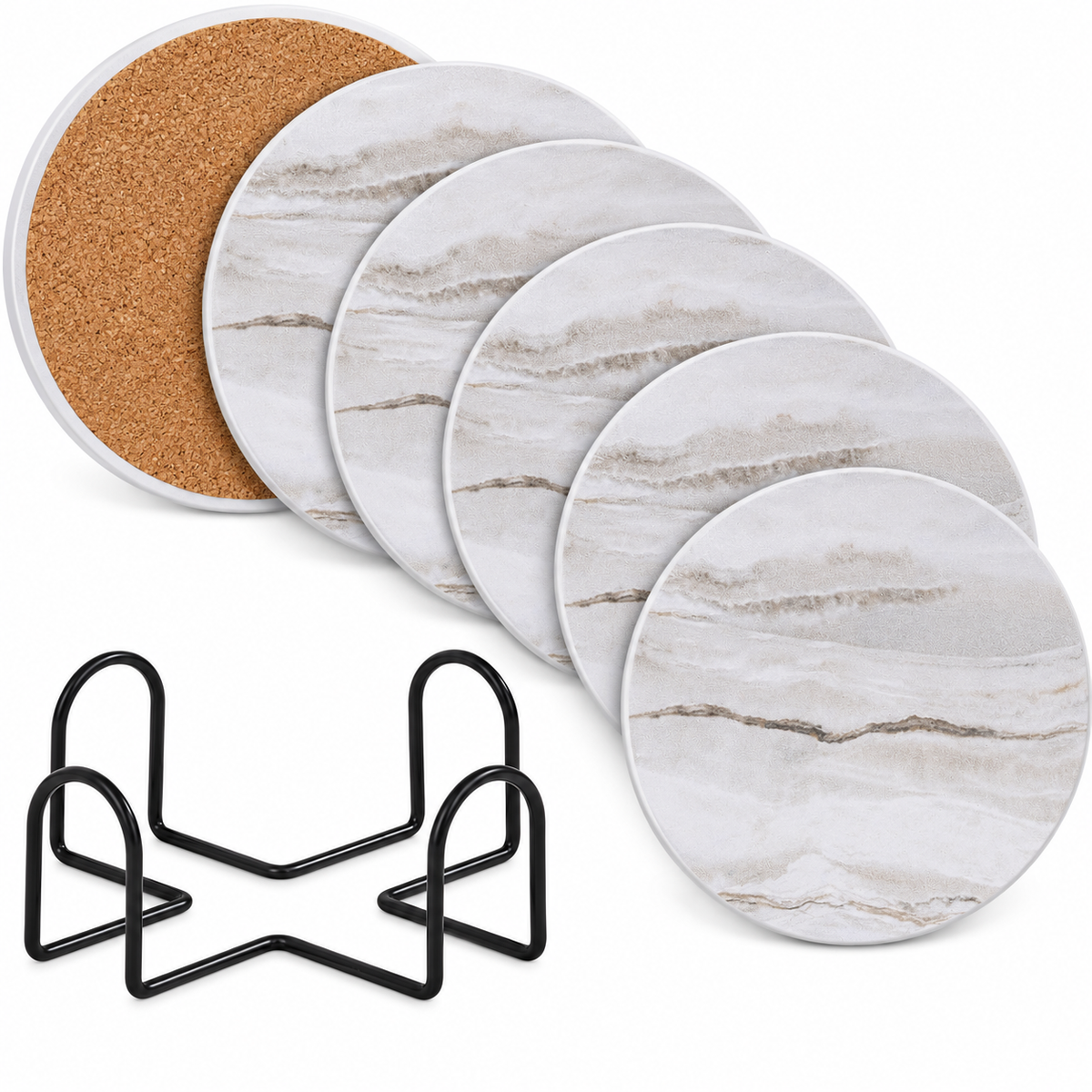 Grey Marble Ceramic Drink Coasters with Holder, Set of 6