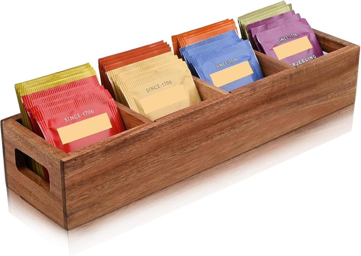Acacia Wood Tea Bag Organizer Tray with Four Compartments