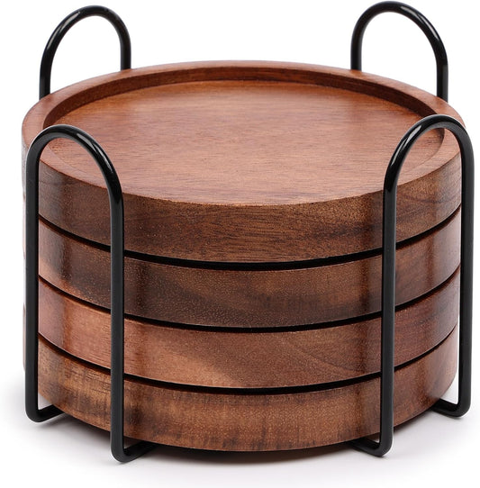 Round Acacia Wood Drink Coasters with Metal Holder, Set of 4