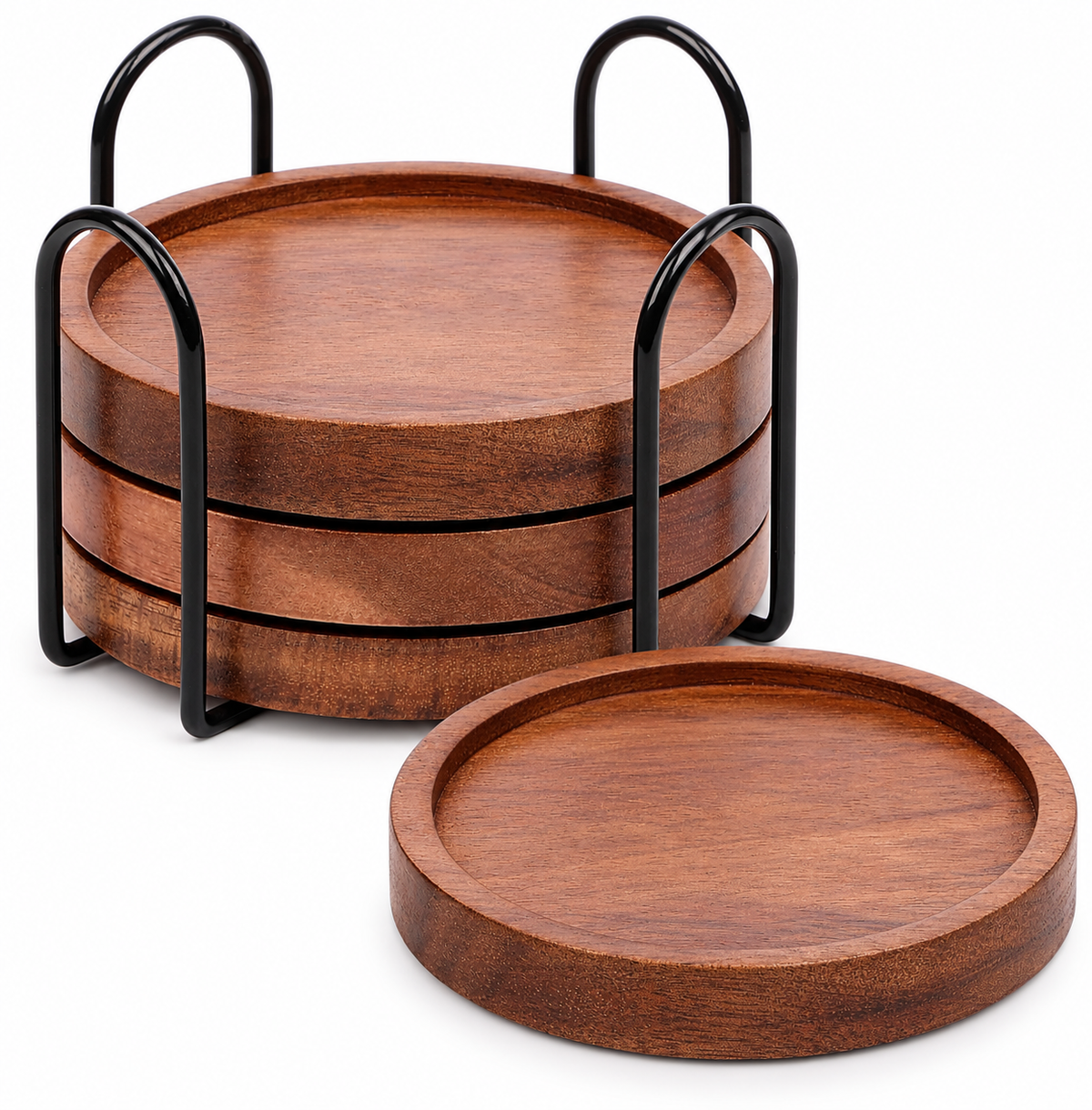 Round Acacia Wood Drink Coasters with Metal Holder, Set of 4
