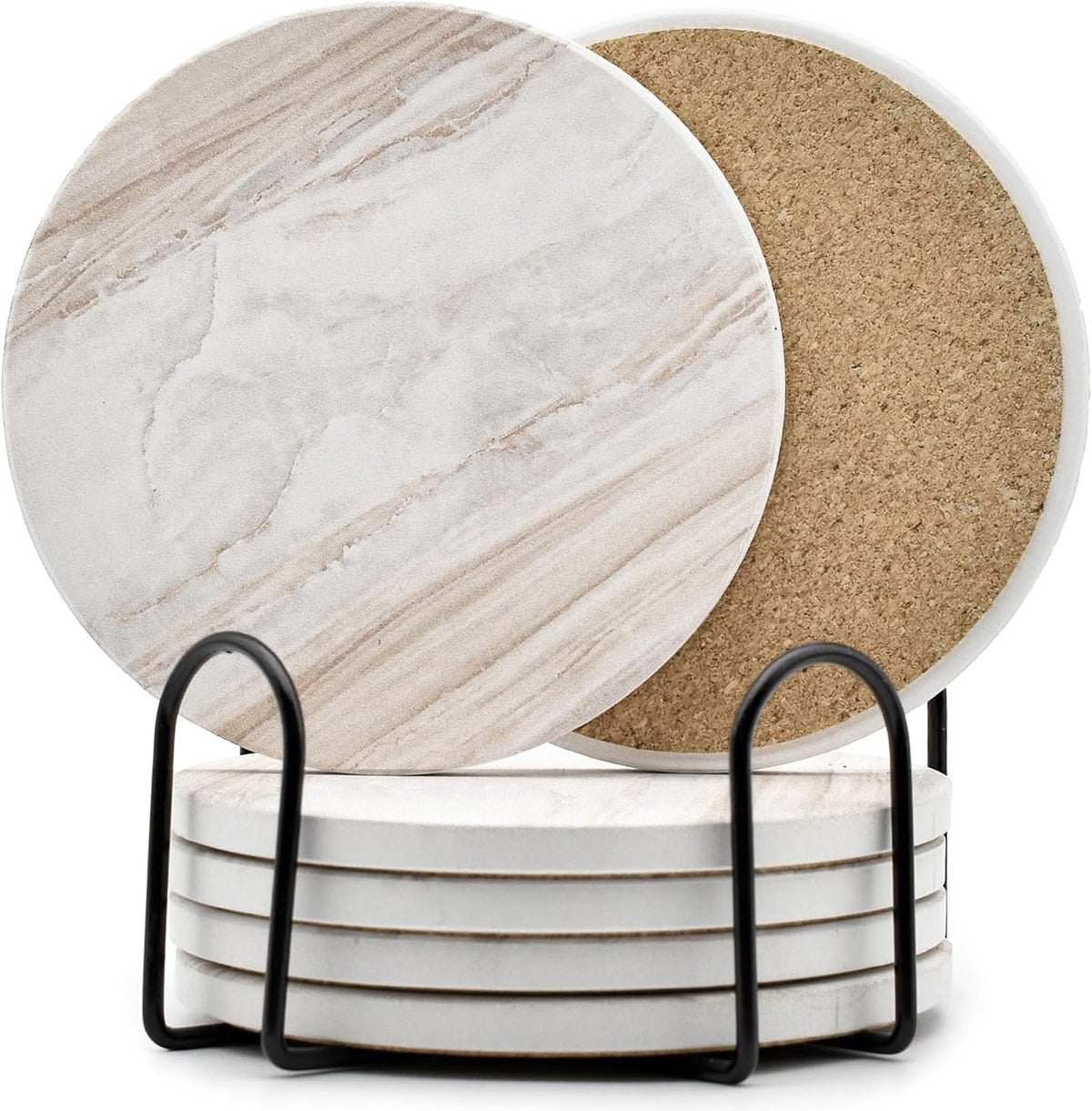 Marble Look Ceramic Drink Coasters with Holder, Set of 6