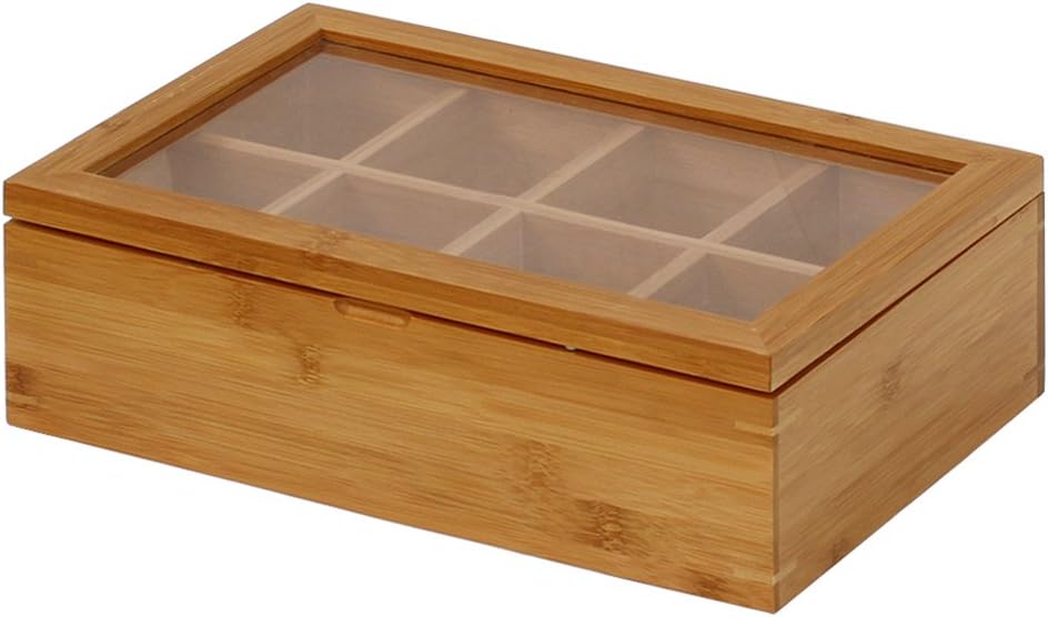 Bamboo Tea Box with Eight Compartments and Clear Lid