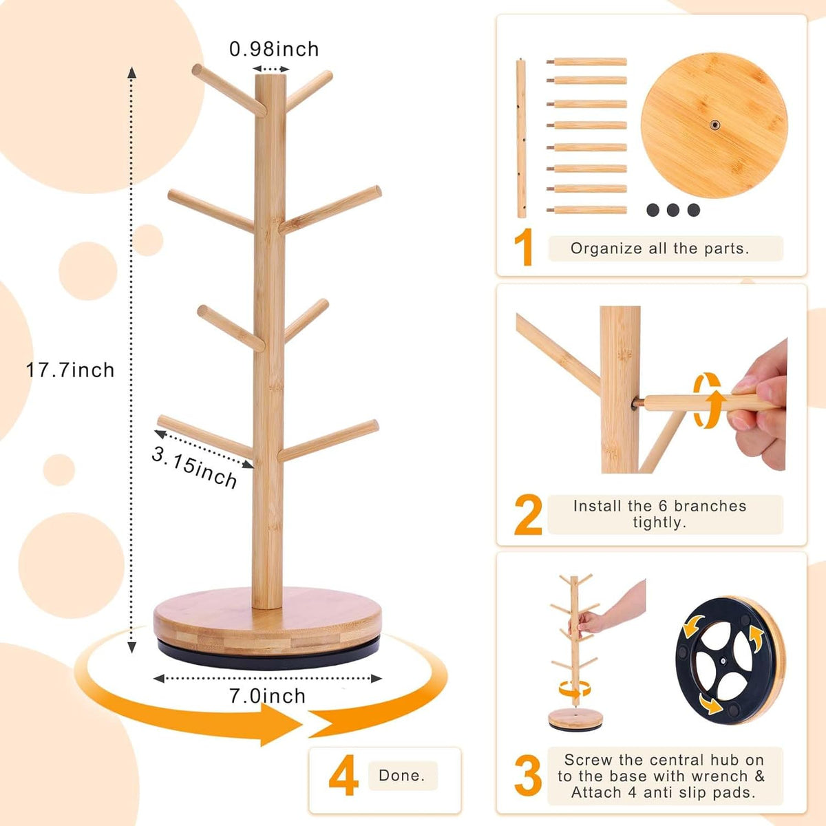 Rotating Bamboo Mug Tree with 8 Hooks