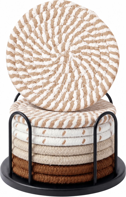 Round Woven Drink Coasters with Black Holder, Set of 8
