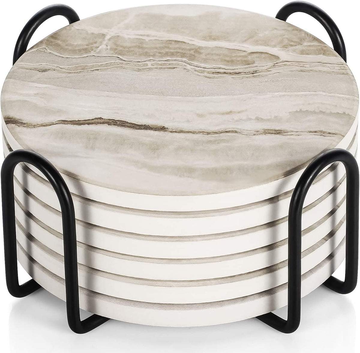 Yellow Marble Look Ceramic Drink Coasters with Holder, Set of 6