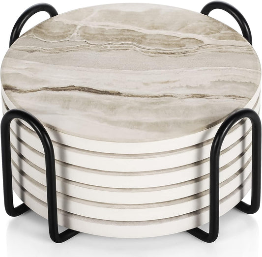 Yellow Marble Look Ceramic Drink Coasters with Holder, Set of 6