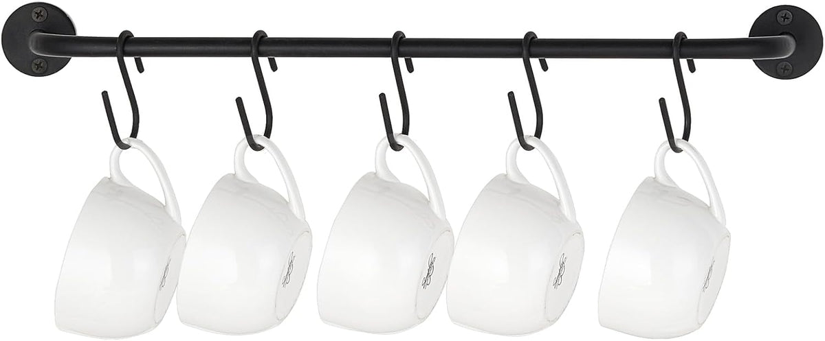 Black Wall-Mounted Mug Rail with 5 Hooks
