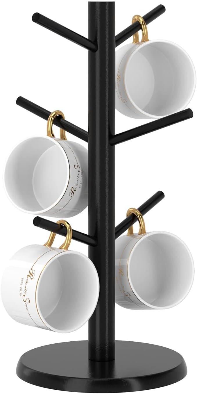 Black Bamboo Countertop Mug Tree with 6 Hooks